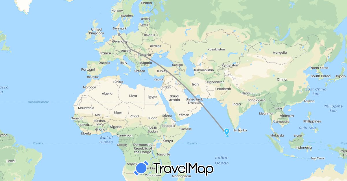 TravelMap itinerary: driving, plane, boat in Austria, Germany, Maldives (Asia, Europe)